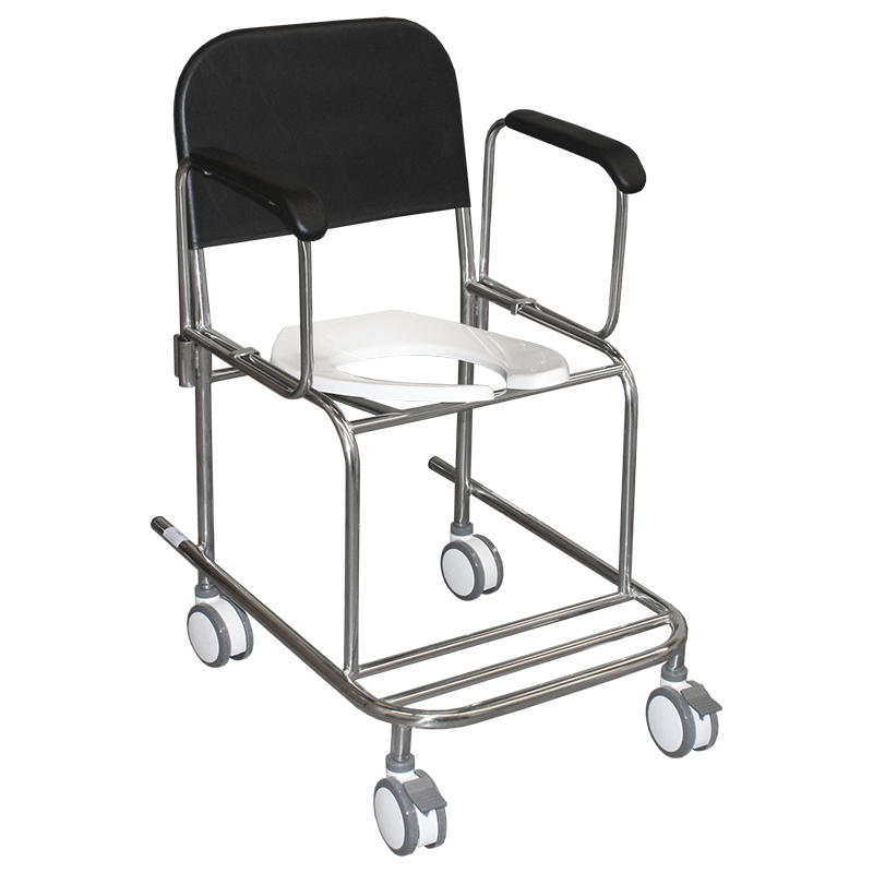 Cadeira de banho e uso sanitário BKCD-003 em aço inoxidável com braços removíveis, assento sanitário e rodízios para hospitais, clínicas e instituições de longa permanência.