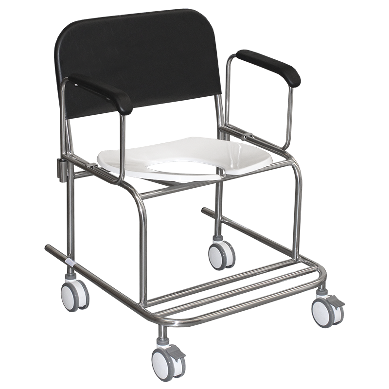 Cadeira de banho e uso sanitário para obesos em aço inoxidável AISI 304 com braços removíveis e assento sanitário em FIBERGLASS.