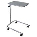 Mesa de Mayo hospitalar em aço inoxidável AISI 304, base em U com rodízios, bandeja ajustável para uso cirúrgico.