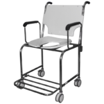 Cadeira de Banho e Uso Sanitário BKCD 044 em aço inoxidável AISI 304, com assento e encosto em fiberglass e braços removíveis, indicada para pacientes obesos e uso hospitalar, residencial e home care.
