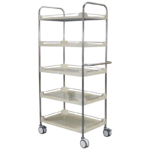 Carro 05 Prateleiras em Fiberglass, modelo MBKBJ 010-001, utilizado para transporte de materiais no ambiente hospitalar.